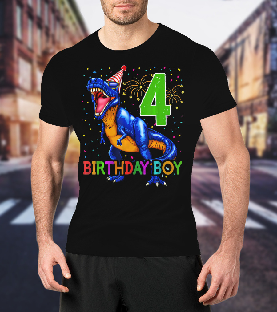 Birthday Boy 4 Dinosaur Party Hat Fireworks T-Shirt