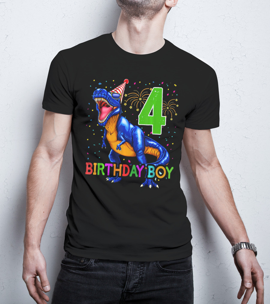 Birthday Boy 4 Dinosaur Party Hat Fireworks T-Shirt
