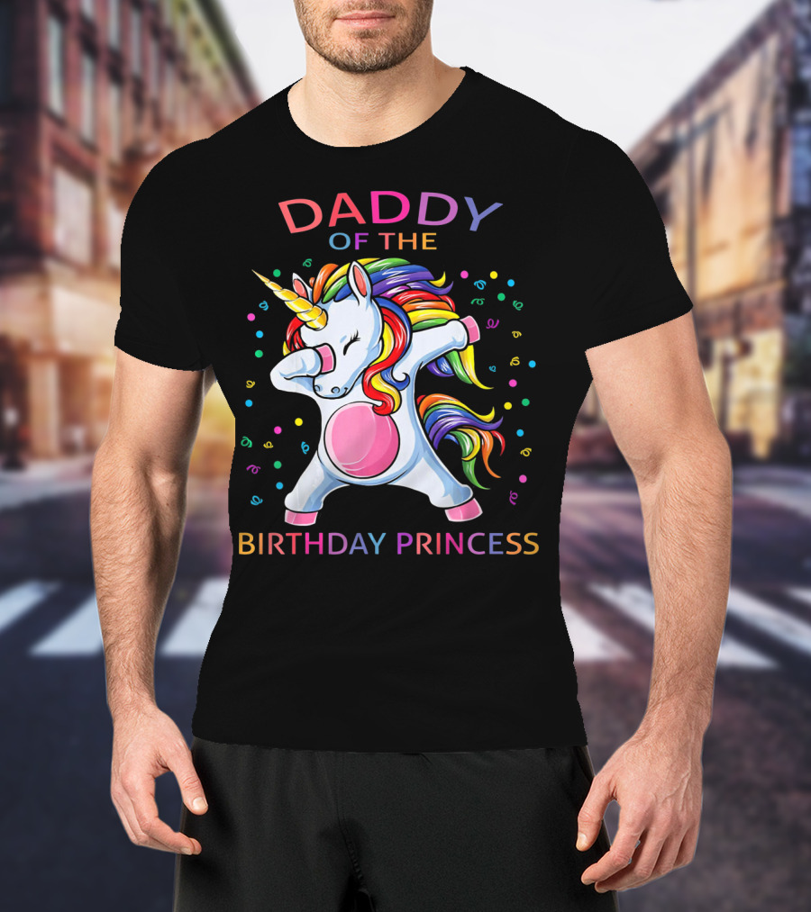 Daddy Of The Birthday Princess Unicorn Dabbing With Colorful Confetti T-Shirt