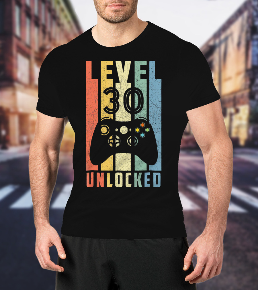 Level 30 Unlocked Video Game Controller Retro Stripes T-Shirt