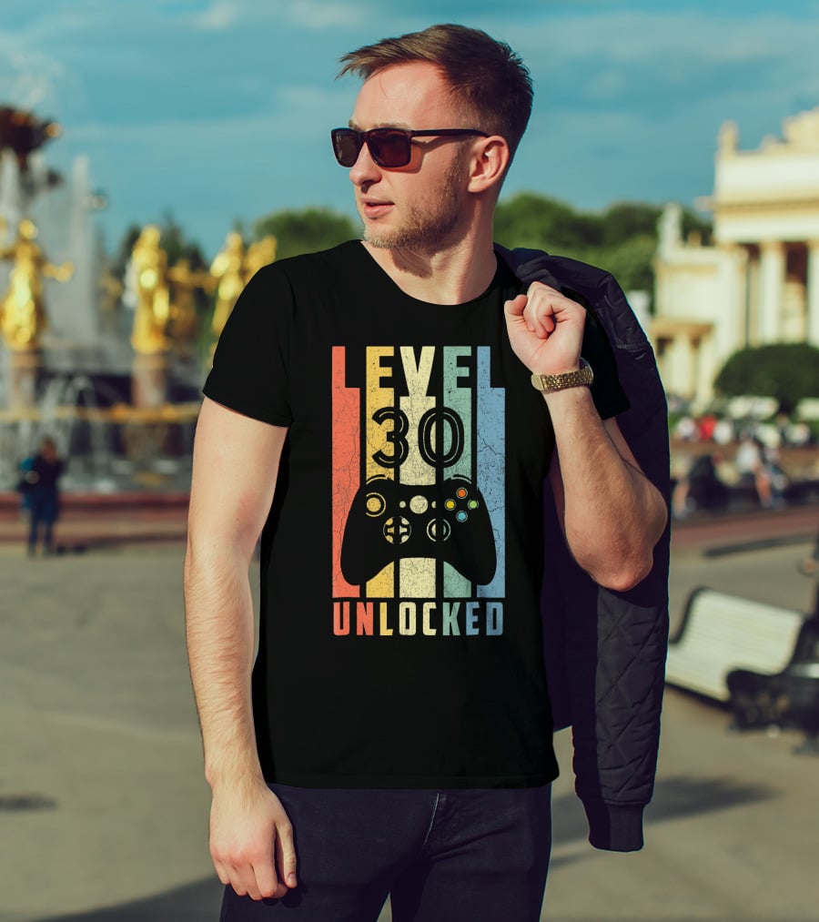 Level 30 Unlocked Video Game Controller Retro Stripes T-Shirt