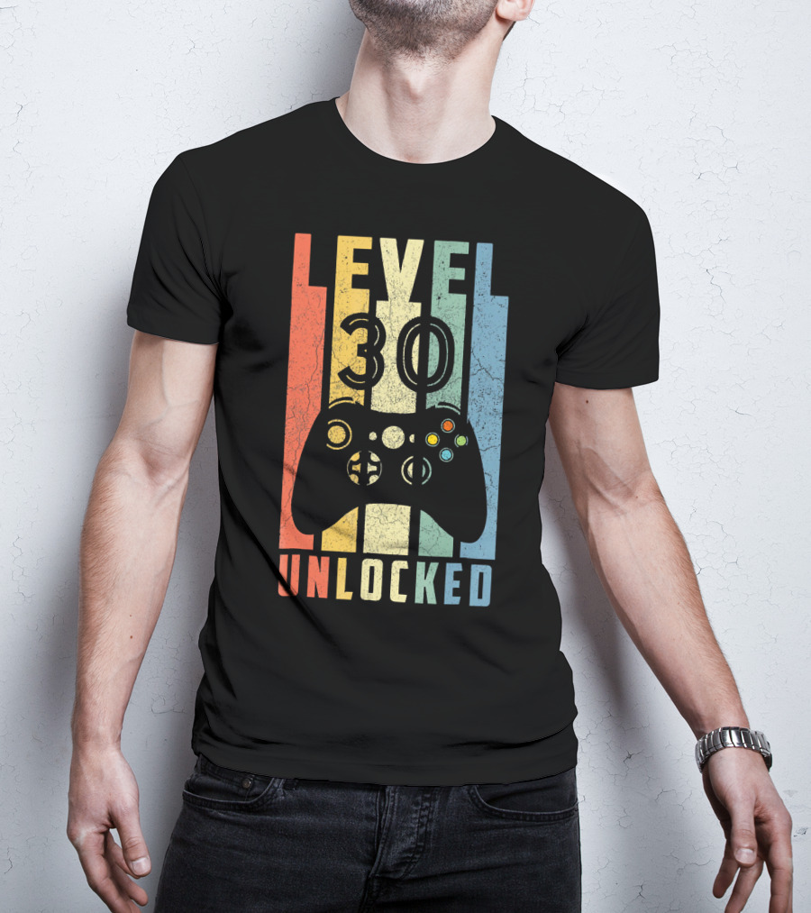 Level 30 Unlocked Video Game Controller Retro Stripes T-Shirt