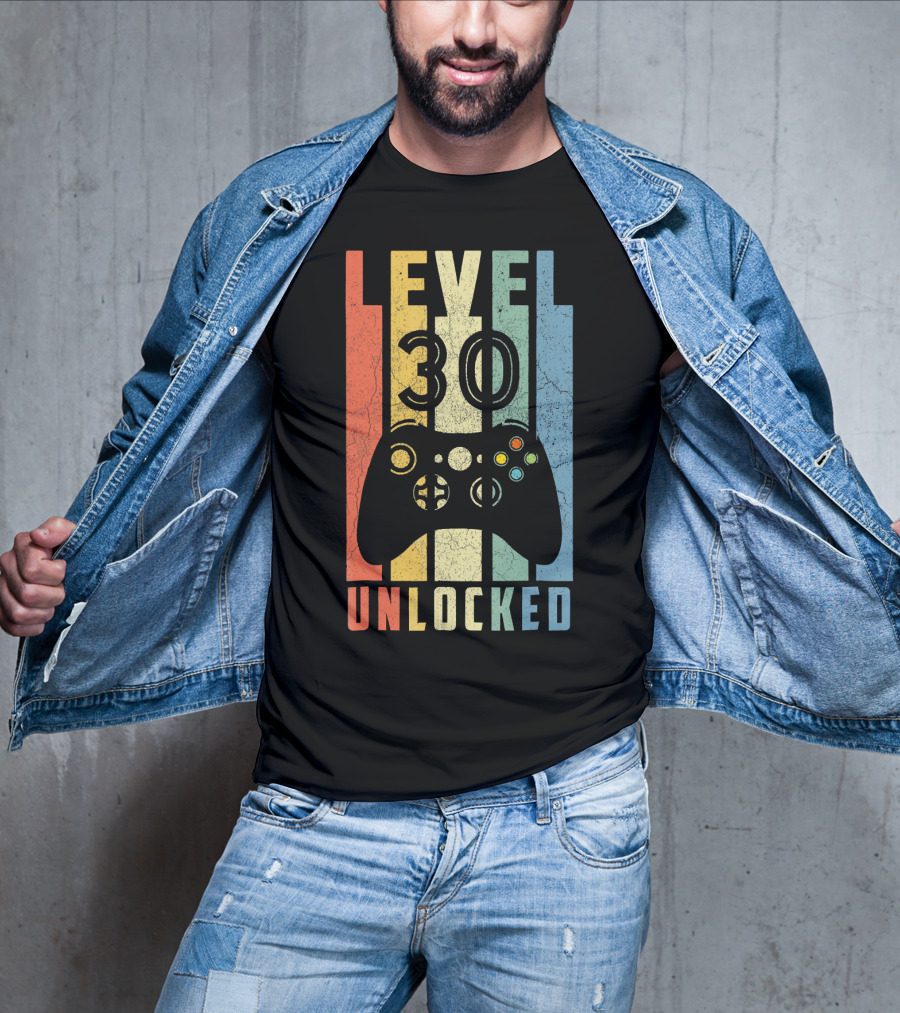 Level 30 Unlocked Video Game Controller Retro Stripes T-Shirt
