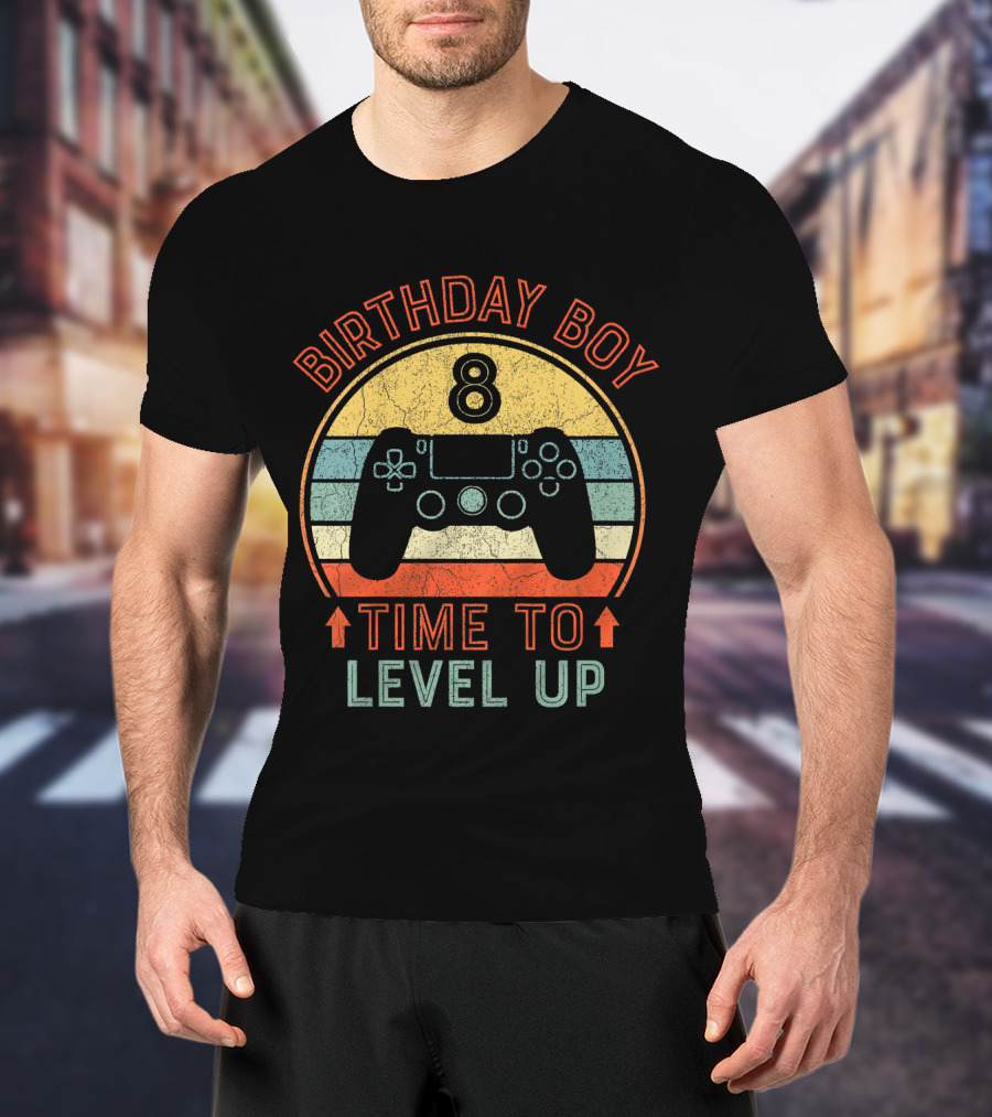 Birthday Boy 8 Time To Level Up Vintage Gaming Controller Retro Stripes T-Shirt