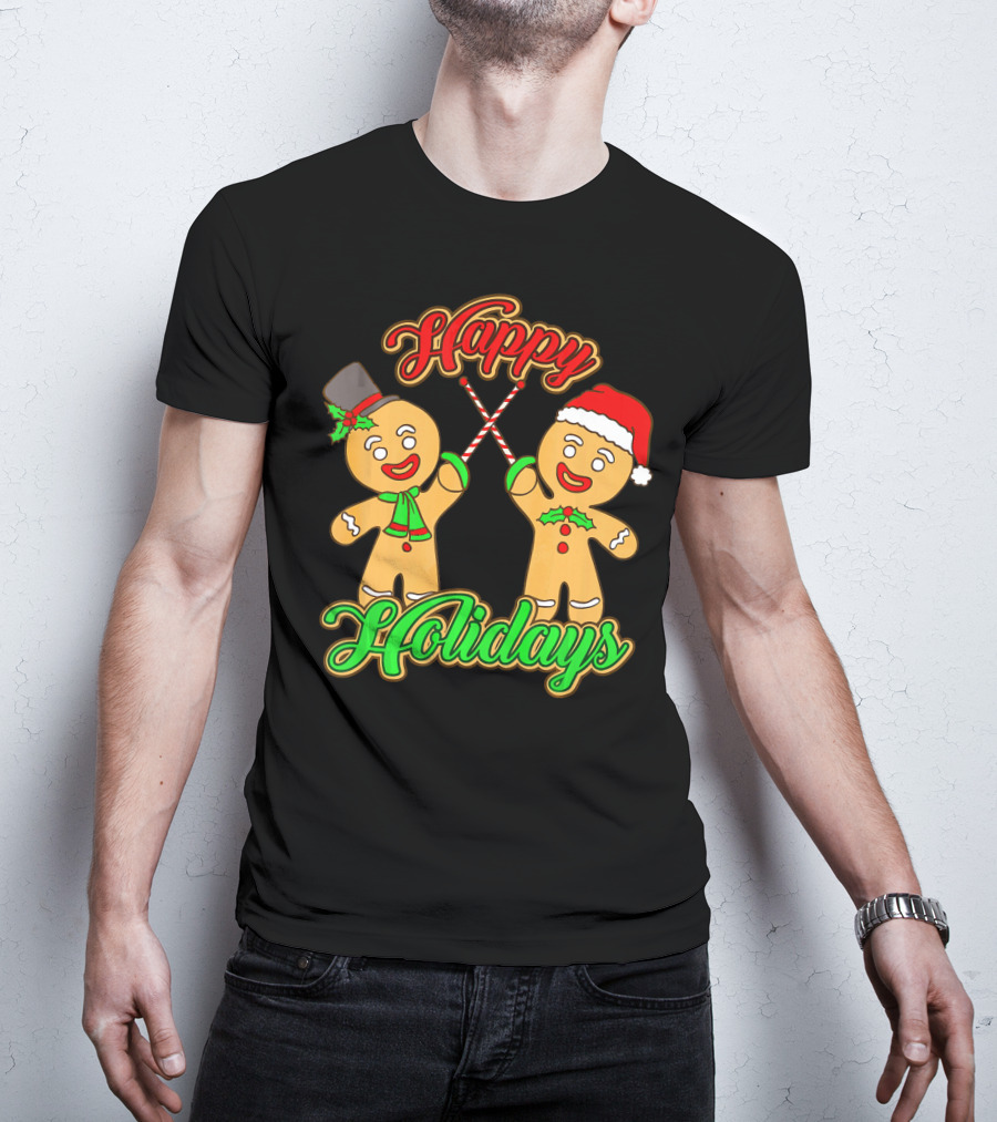 Happy Holidays Gingerbread Men Fencing With Candy Canes T-Shirt