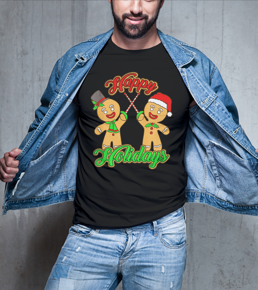 Happy Holidays Gingerbread Men Fencing With Candy Canes T-Shirt