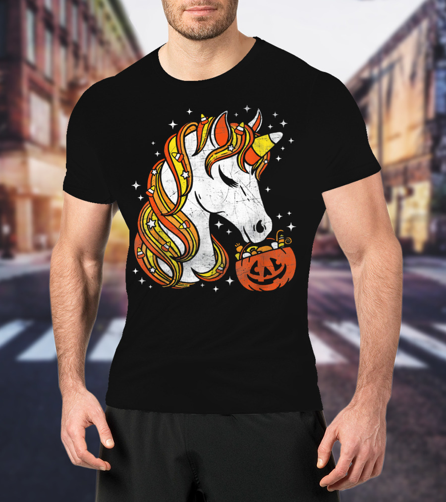 Candy Corn Unicorn With Jack-O'-Lantern Stars Halloween Top T-Shirt
