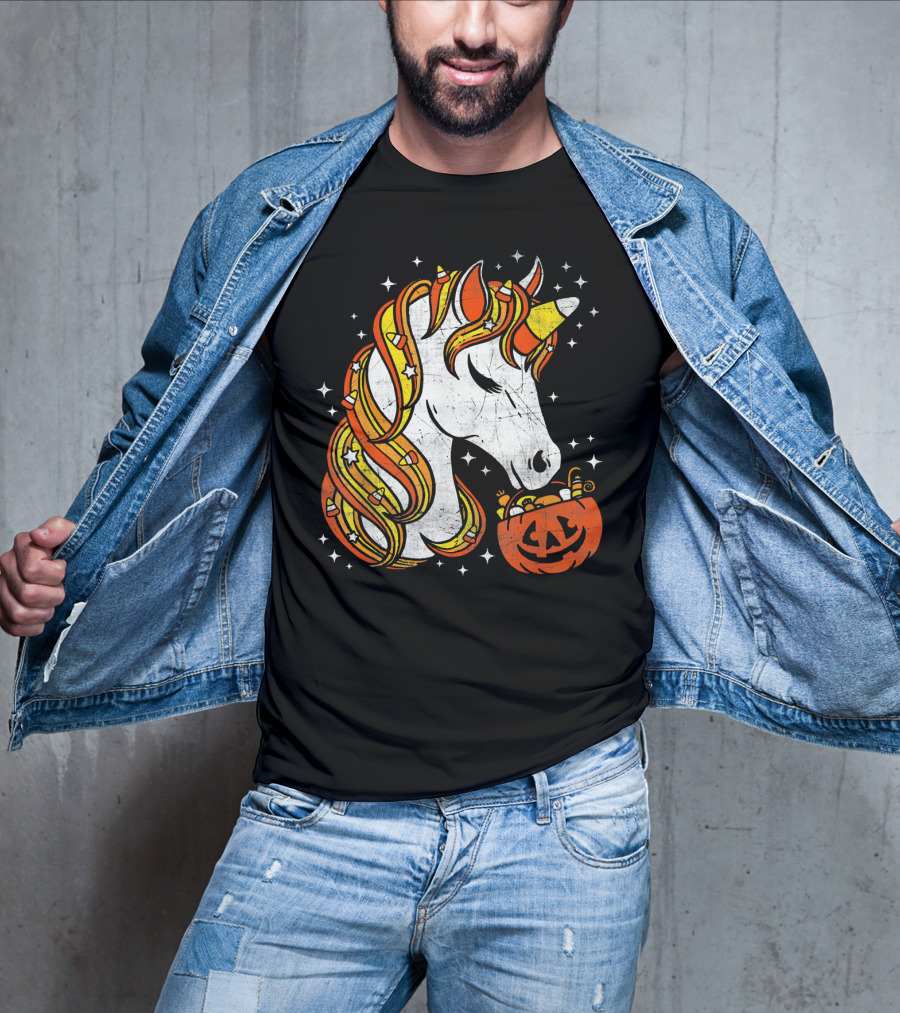 Candy Corn Unicorn With Jack-O'-Lantern Stars Halloween Top T-Shirt