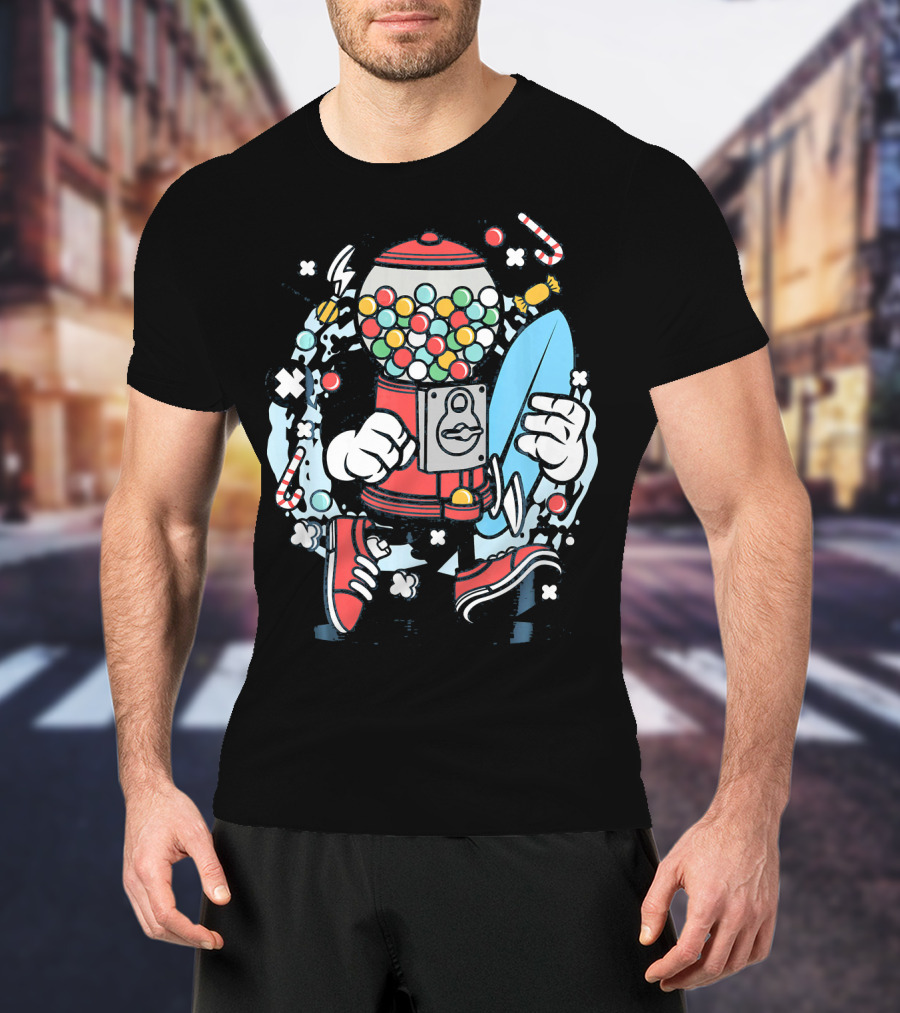 Cartoon Candy Machine With Surfboard And Sneakers Adventure T-Shirt