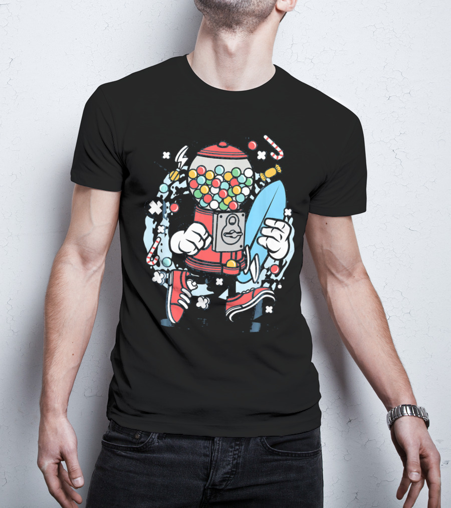 Cartoon Candy Machine With Surfboard And Sneakers Adventure T-Shirt