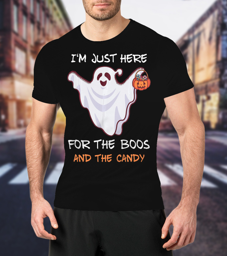 I'm Just Here For The Boos Ghost Holding Pumpkin Candy T-Shirt