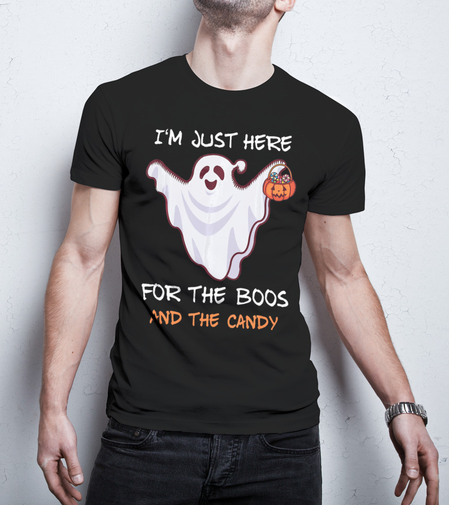 I'm Just Here For The Boos Ghost Holding Pumpkin Candy T-Shirt