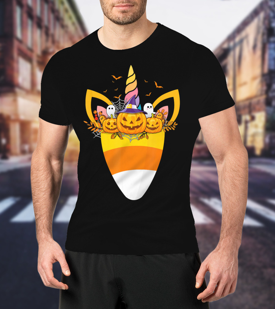 Unicorn Candy Corn Pumpkin Ghost Halloween Boo T-Shirt