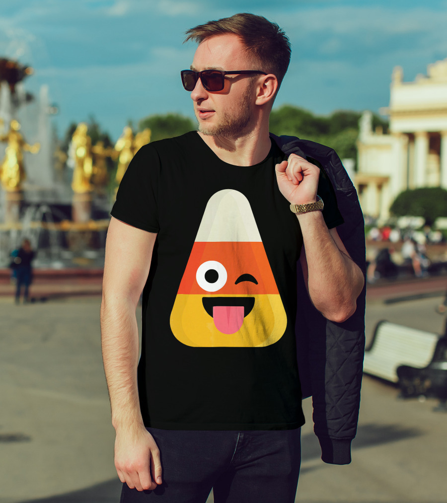 Candy Corn Emoji Wink Tongue Out Face T-Shirt