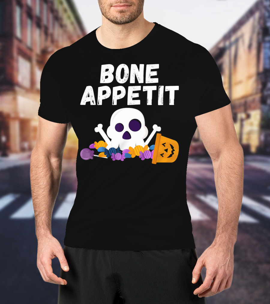 Bone Appetit Funny Skull Halloween Candy Pumpkin Chef Pun T-Shirt