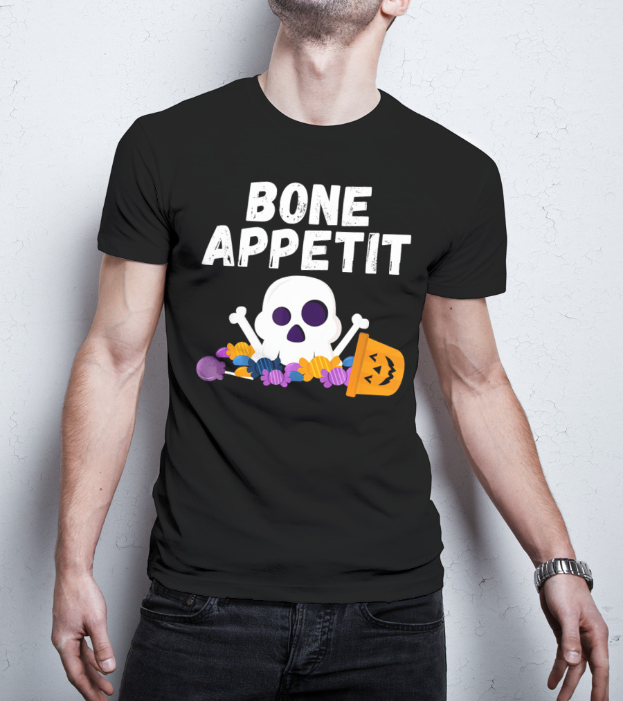 Bone Appetit Funny Skull Halloween Candy Pumpkin Chef Pun T-Shirt