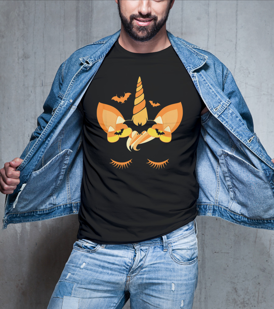 Halloween Unicorn Candy Corn Bat Ears Eyelashes T-Shirt
