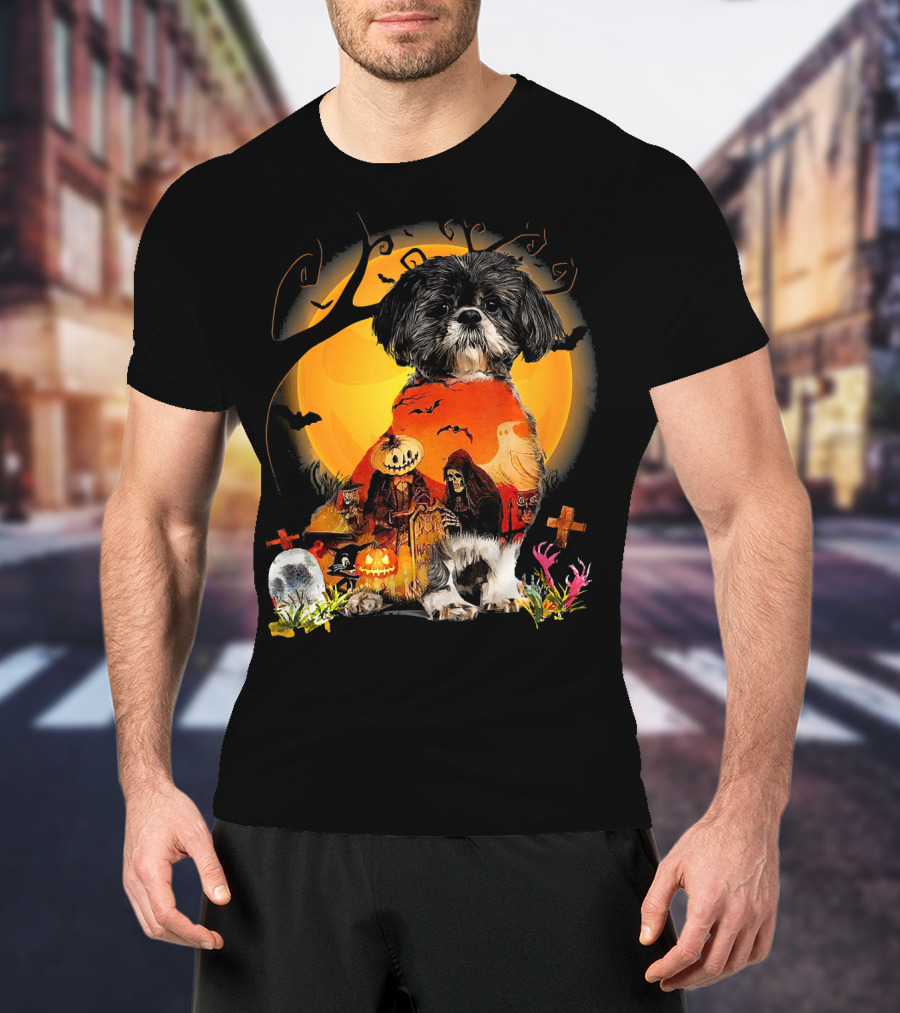 Shih Tzu Halloween Night With Pumpkins, Ghosts, And Full Moon T-Shirt