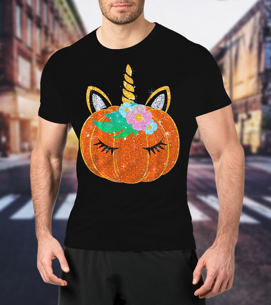 Sparkly Unicorn Pumpkin Halloween T-Shirt