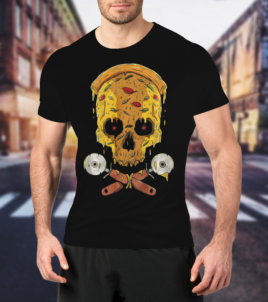 Pizza Cutter Skull Funny Halloween Costume Melting Slice T-Shirt