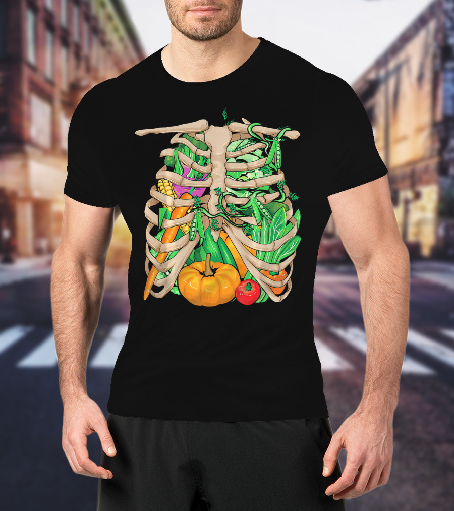 Cool Vegetable Skeleton Halloween Costume Vegetables Ribs Pumpkin Peas Corn Carrot T-Shirt