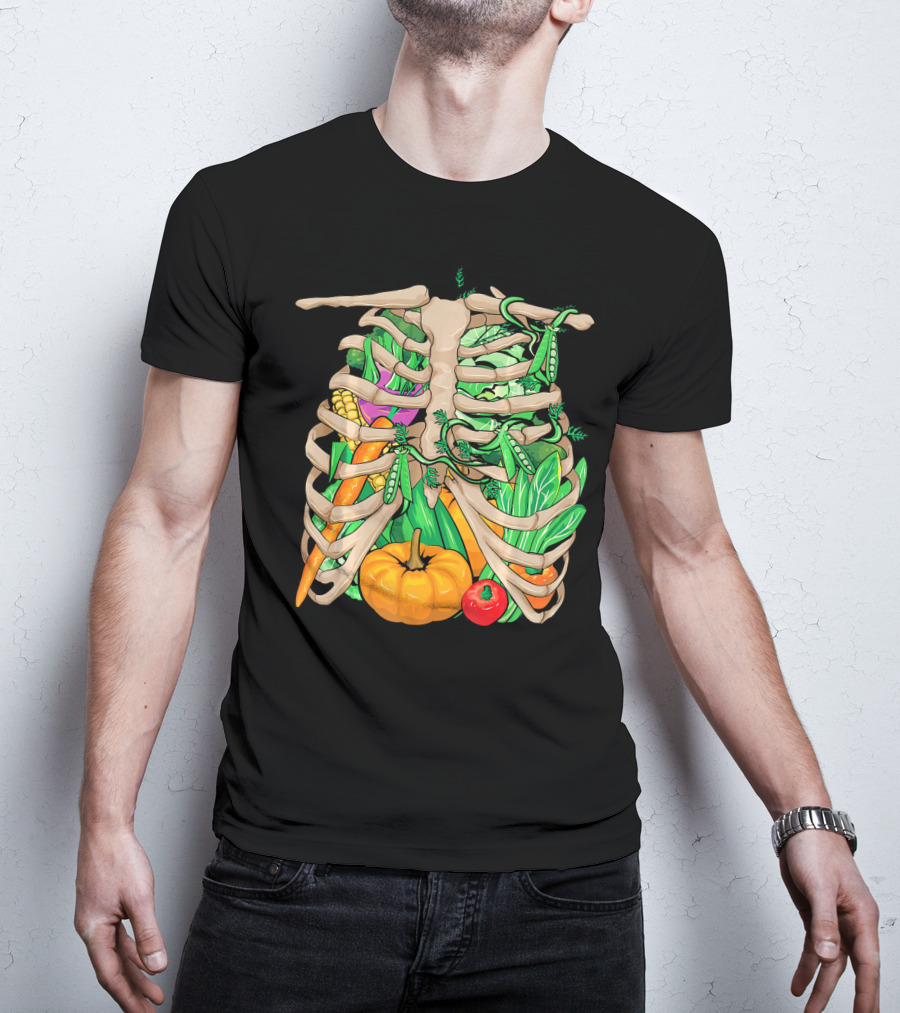 Cool Vegetable Skeleton Halloween Costume Vegetables Ribs Pumpkin Peas Corn Carrot T-Shirt