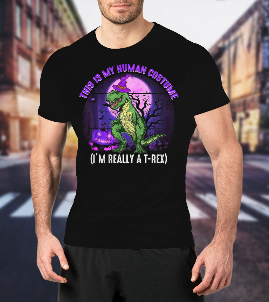 This Is My Human Costume I'm Really A T-Rex Funny Dinosaur Halloween Moon Wizard Hat T-Shirt
