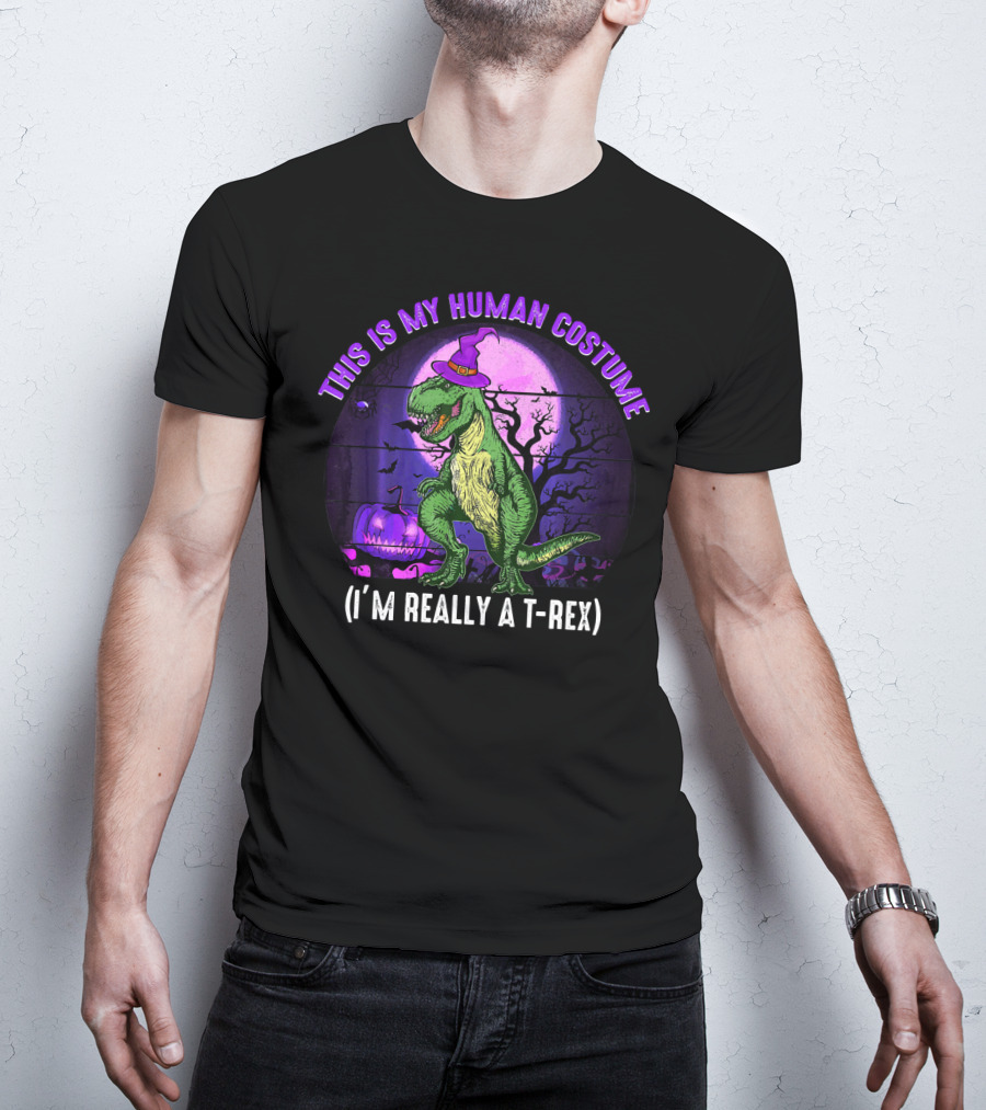 This Is My Human Costume I'm Really A T-Rex Funny Dinosaur Halloween Moon Wizard Hat T-Shirt