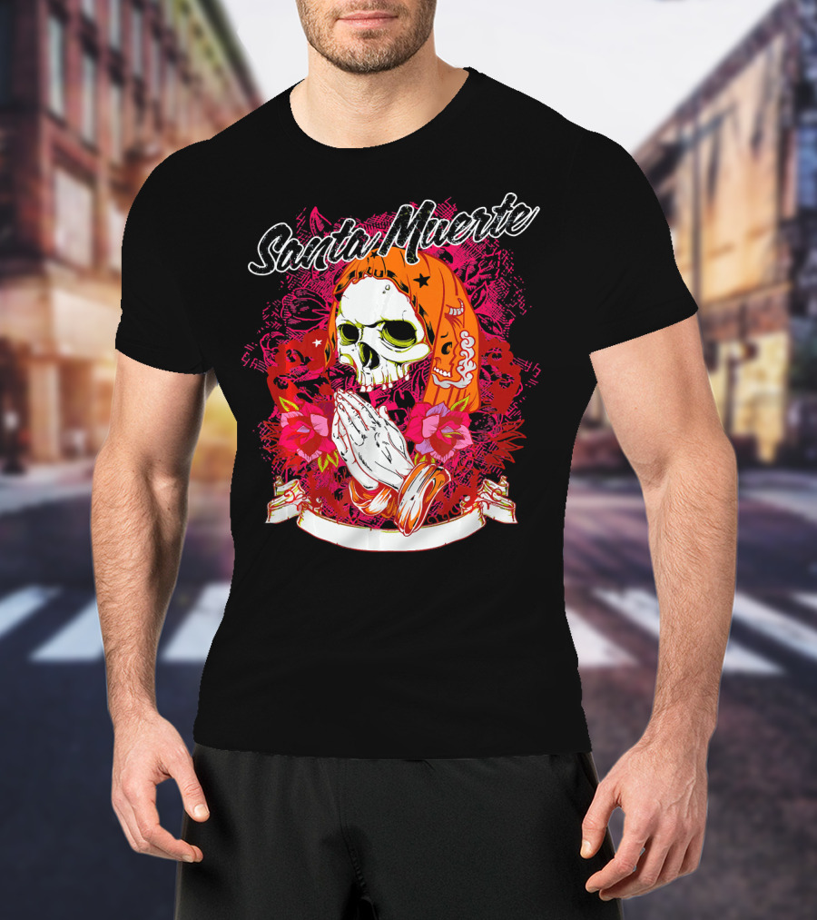 Santa Muerte Mexican Day Of The Dead Praying Skull With Flowers T-Shirt