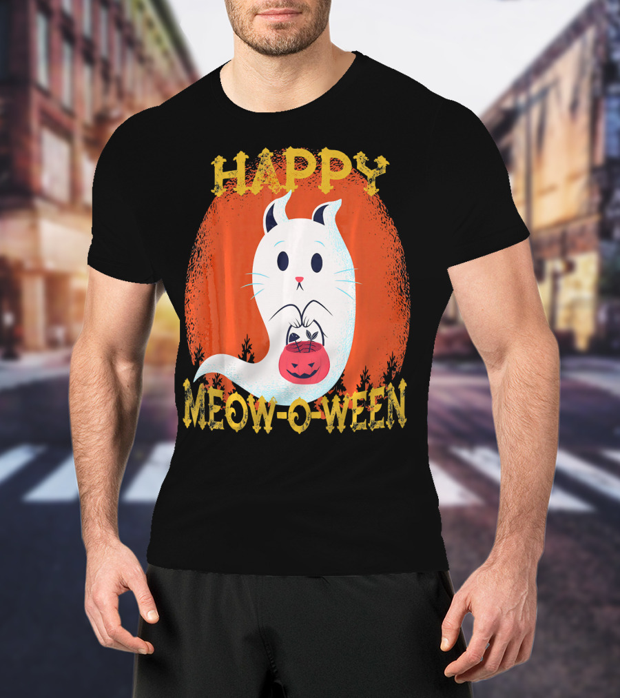 Happy Meow O Ween Cat Ghost With Pumpkin Bag T-Shirt
