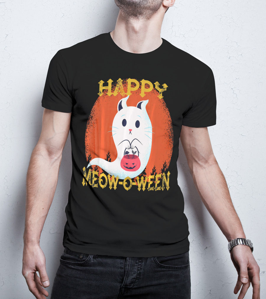 Happy Meow O Ween Cat Ghost With Pumpkin Bag T-Shirt