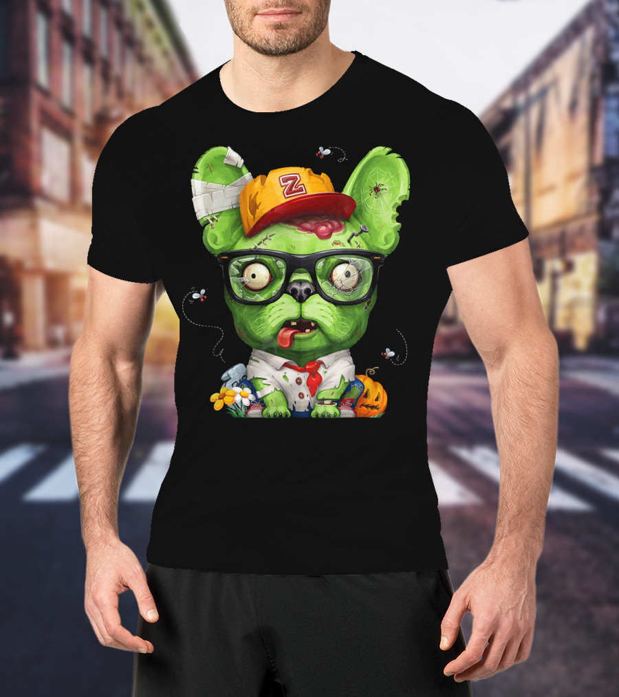 French Bulldog Wearing Zombie Glasses Halloween Hat T-Shirt