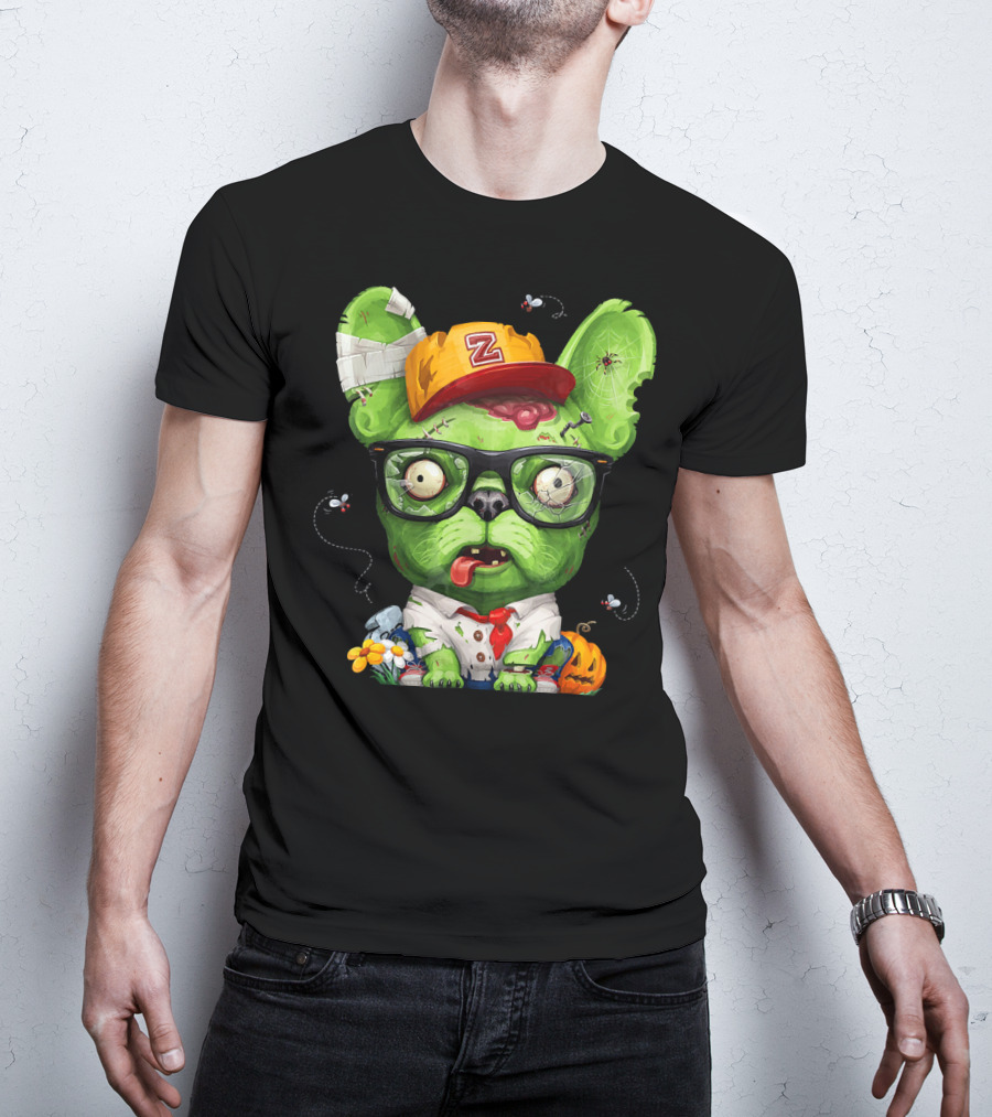 French Bulldog Wearing Zombie Glasses Halloween Hat T-Shirt