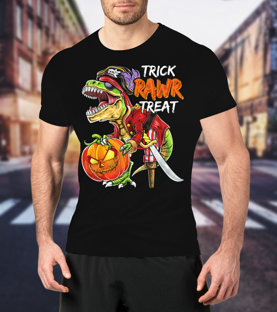 Trick Rawr Treat Pirate Dinosaur Halloween Pumpkin Jack T-Shirt