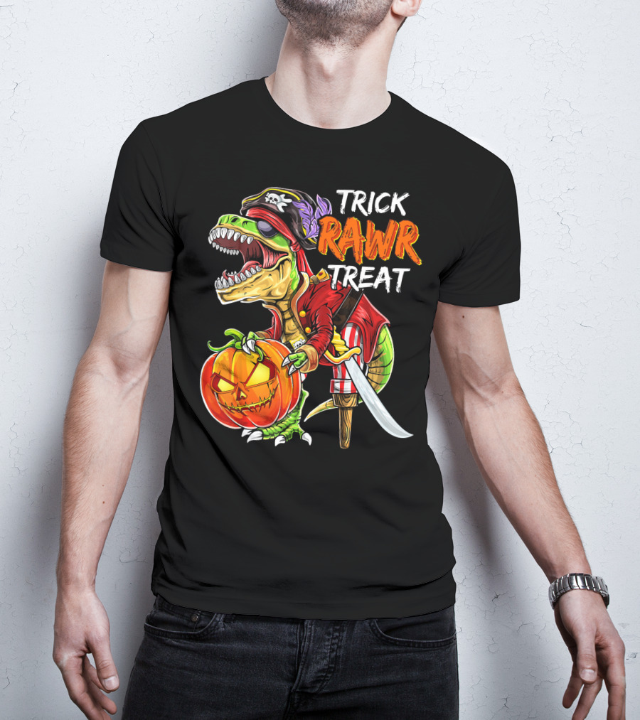 Trick Rawr Treat Pirate Dinosaur Halloween Pumpkin Jack T-Shirt