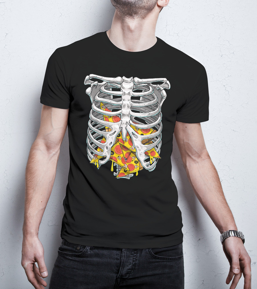 Skeleton Rib Cage Halloween Pizza Slices Inside T-Shirt