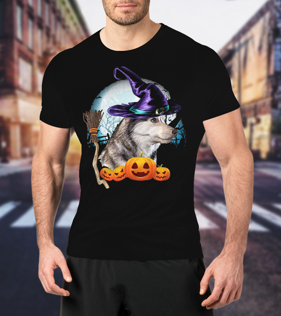 Husky In Witch Hat With Pumpkins And Broom Halloween Scene T-Shirt