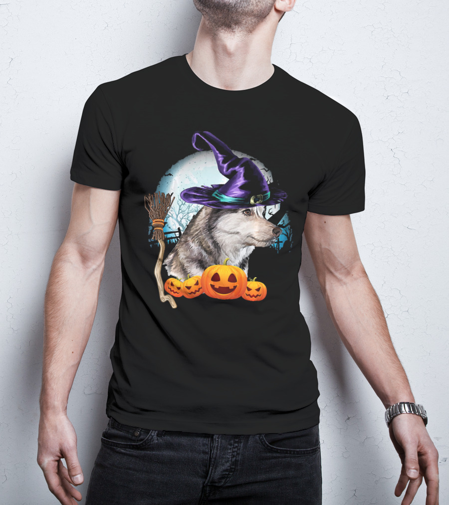 Husky In Witch Hat With Pumpkins And Broom Halloween Scene T-Shirt