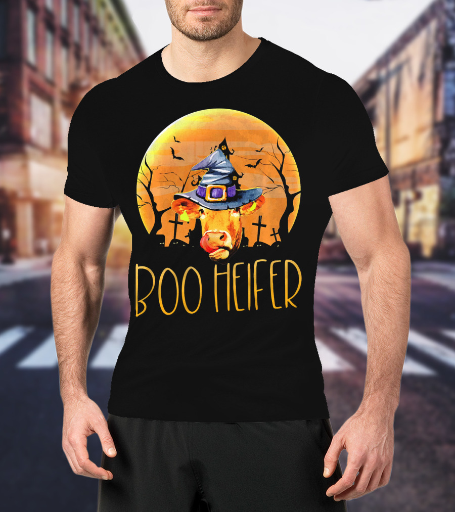 Boo Heifer Halloween Cow In Witch Hat With Graveyard And Bats T-Shirt