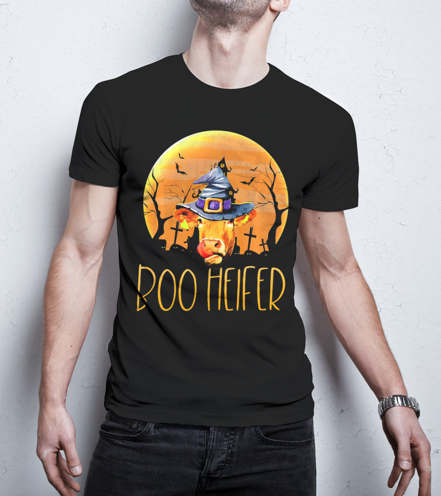 Boo Heifer Halloween Cow In Witch Hat With Graveyard And Bats T-Shirt