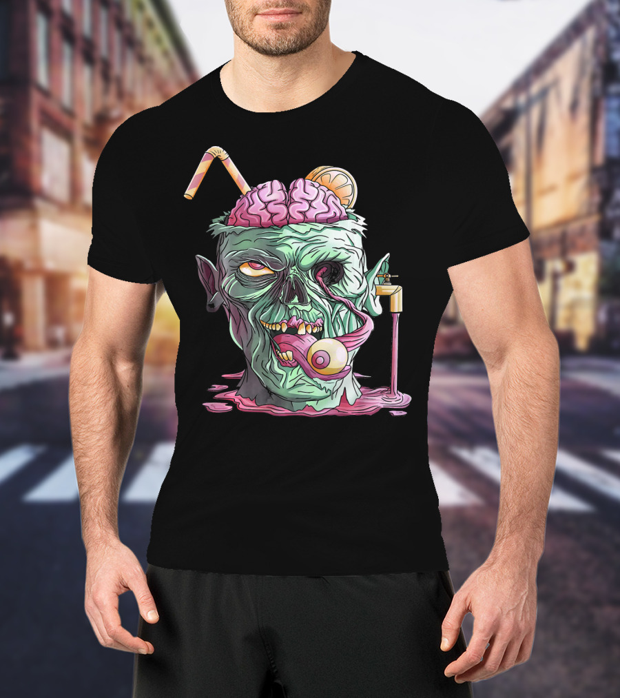 Zombie Face Brain Halloween Zombies Straw Brain Drink Eyeball Tongue T-Shirt