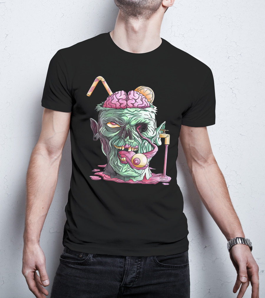 Zombie Face Brain Halloween Zombies Straw Brain Drink Eyeball Tongue T-Shirt