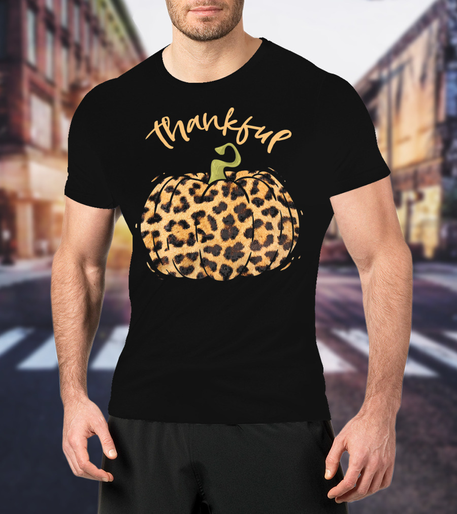 Thankful Pumpkin Fall Leopard Print T-Shirt