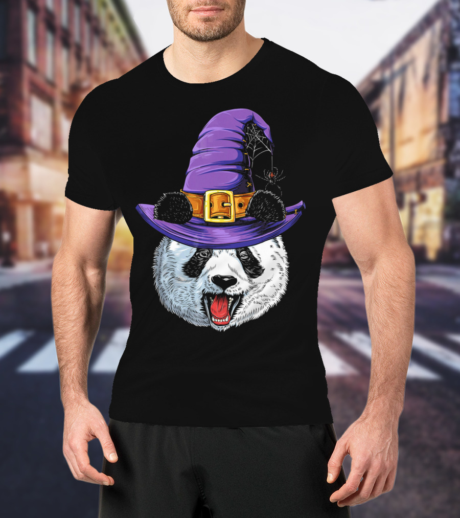 Panda Wearing Witch Hat With Spider Halloween T-Shirt
