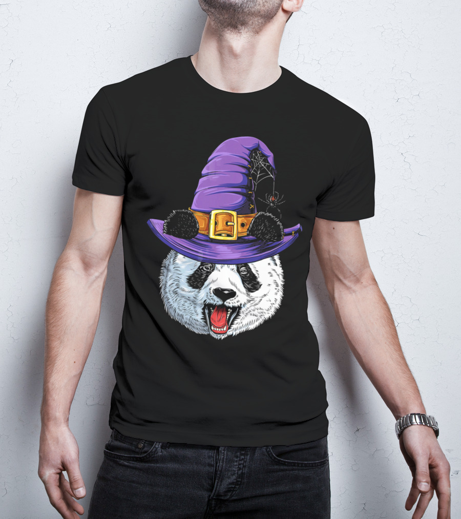 Panda Wearing Witch Hat With Spider Halloween T-Shirt