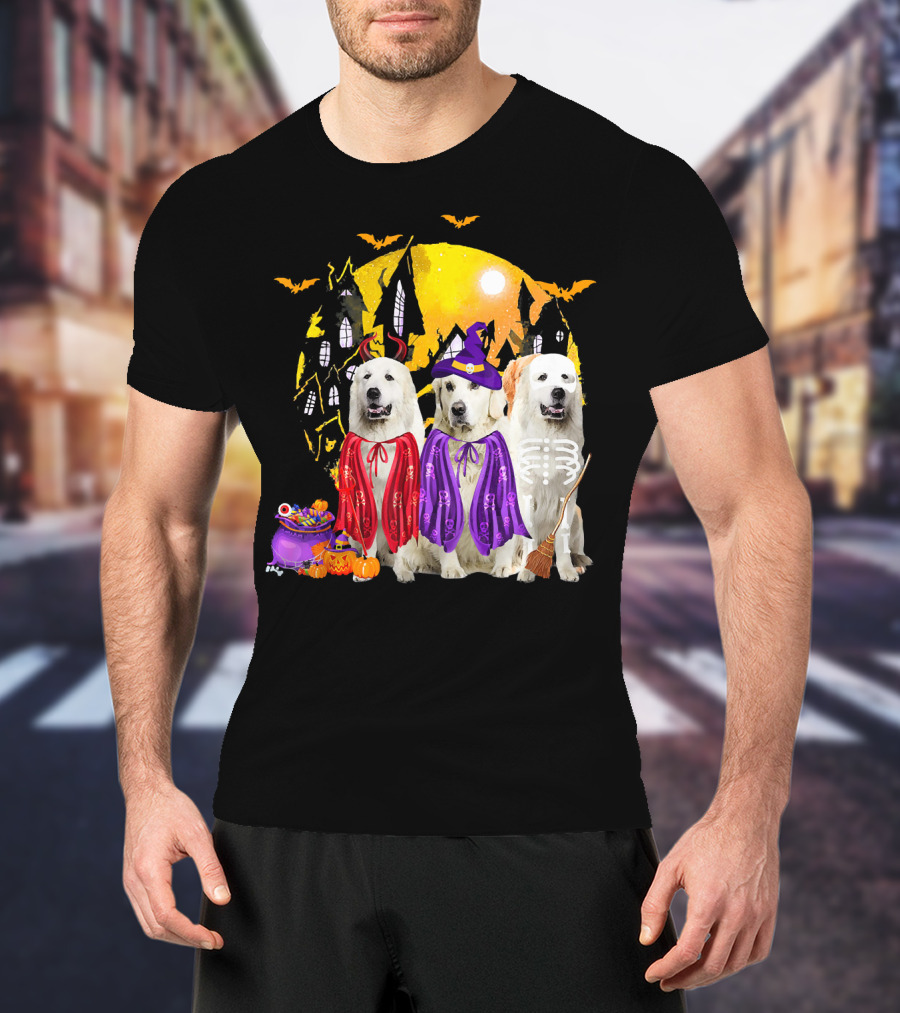 Great Pyrenees Dog Family Of Three Halloween Costumes Moonlit Night T-Shirt