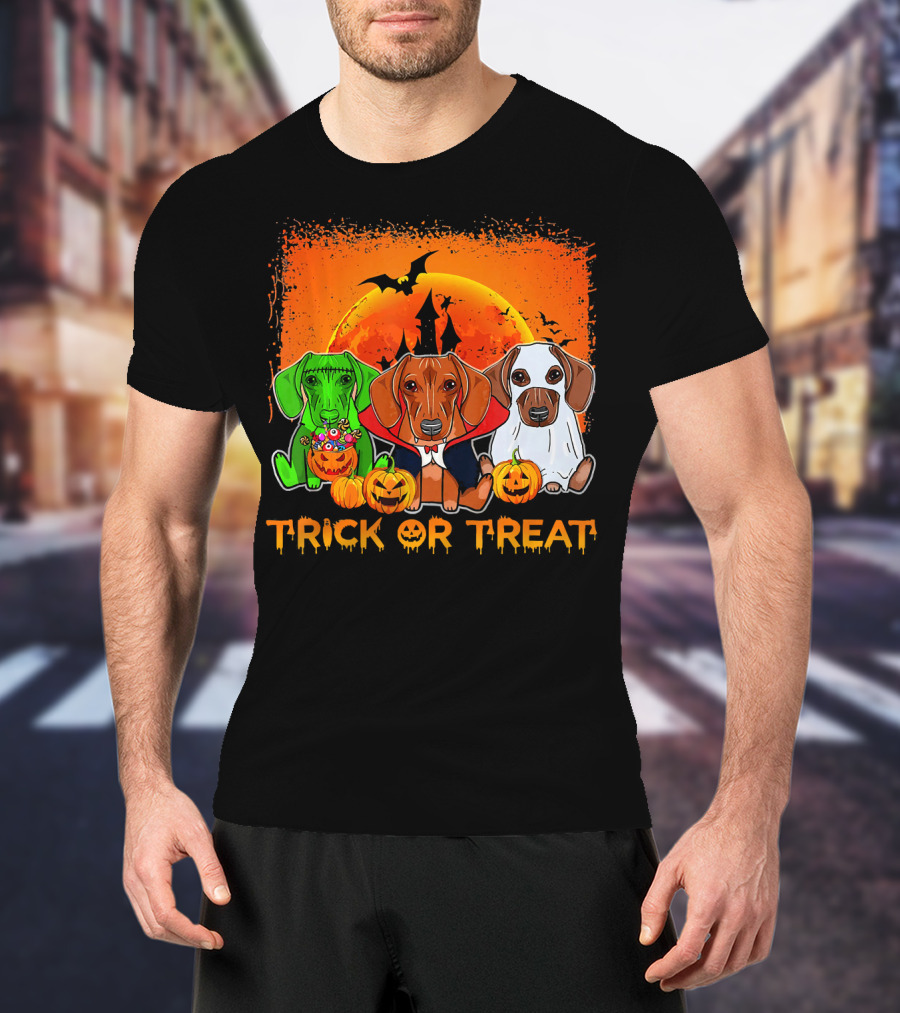 Halloween Dachshund Trio Trick Or Treat With Pumpkins And Moon Background T-Shirt