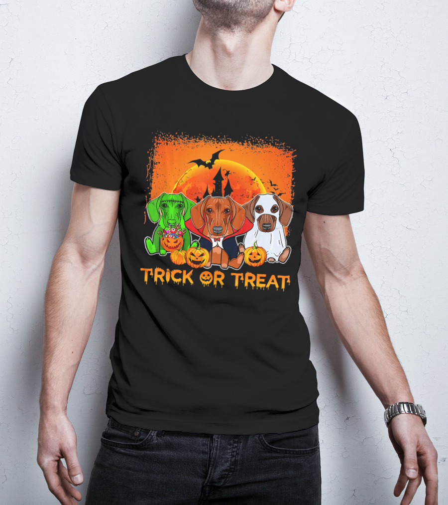 Halloween Dachshund Trio Trick Or Treat With Pumpkins And Moon Background T-Shirt