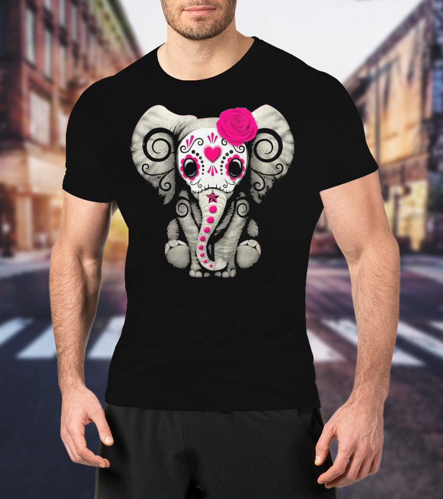 Dead Sugar Skull Elephant Pink Flower T-Shirt
