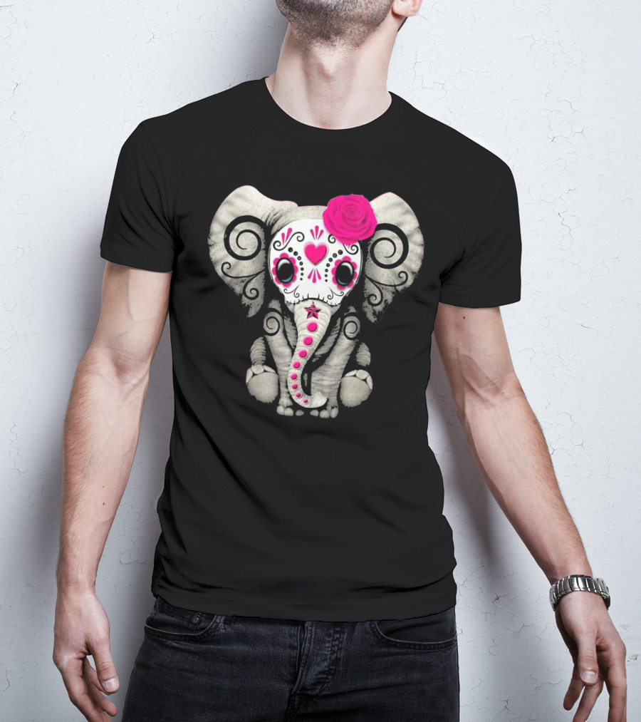 Dead Sugar Skull Elephant Pink Flower T-Shirt